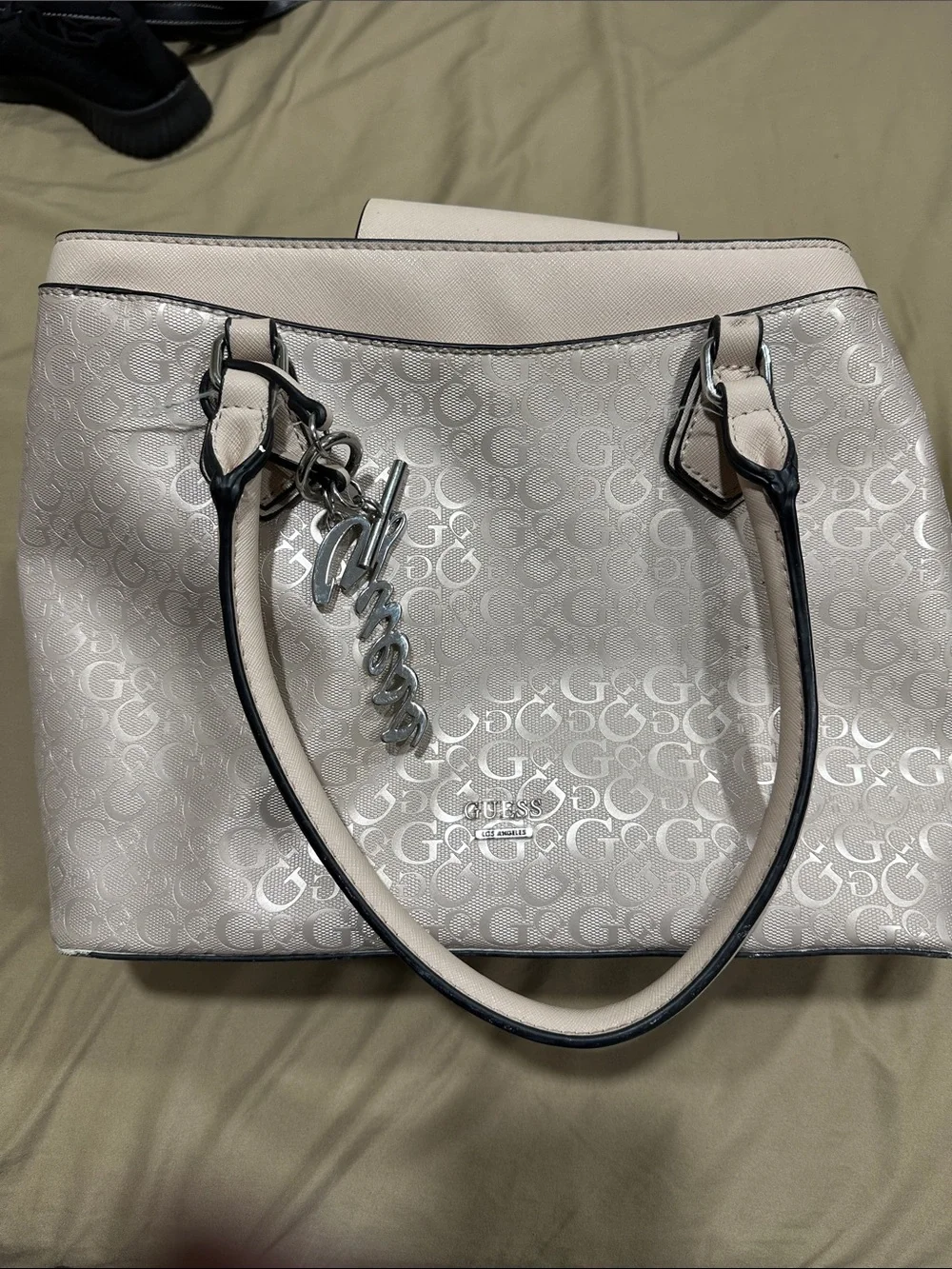 GUESS Cream Logo Tote Satchel with Silver Charm